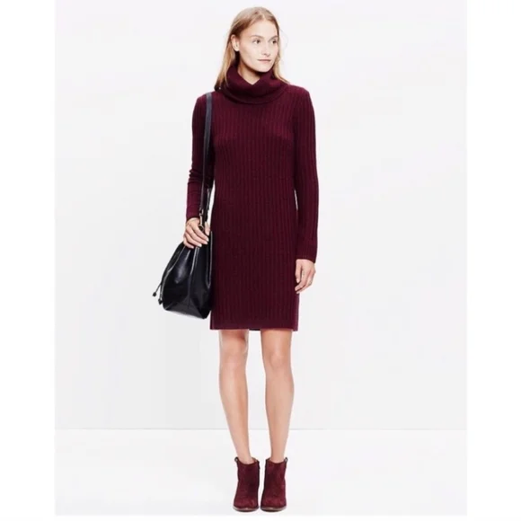 Madewell 100% Merino Wool Turtleneck Sweater Dress In Burgundy, Size Large - Picture 3 of 4